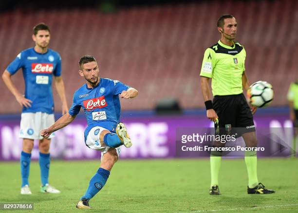 Player of SSC Napoli Dries Mertens scores the 1-0 goal during the pre-season friendly match between SSC Napoli and Espanyol at Stadio San Paolo on...