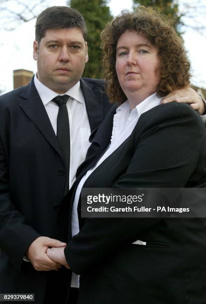 Andrea and Paul Gallagher speak to the media outside Bromley Magistrates Court in Kent after giving evidence at the inquest into their son Paul's...