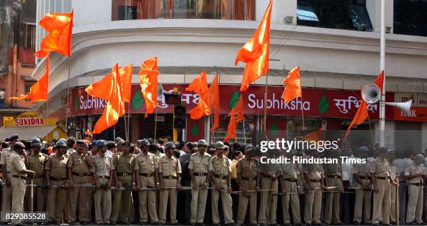 Elections: Police bandobast outside Sena Bhavan when Balasaheb Thackeray addressing to the Press at Sena Bhavan on Saturday morning after victory in...