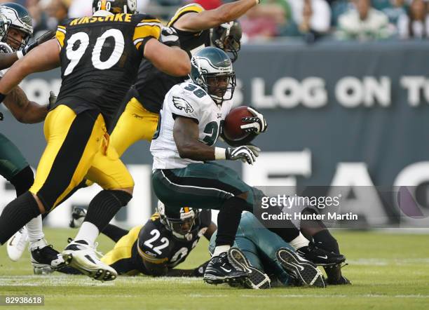 Running back Brian Westbrook of the Philadelphia Eagles injures his right ankle during a game against the Pittsburgh Steelers on September 21, 2008...