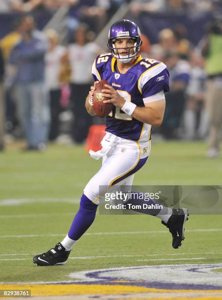 Gus Frerotte of the Minnesota Vikings drops back to pass during an NFL game against the Carolina Panthers at the Hubert H. Humphrey Metrodome,...