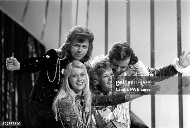 The pop group Abba congratulate each other in Brighton, after winning the Eurovision Song Contest for Sweden with "Waterloo", sung by the girls,...