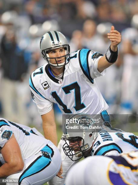 Jake Delhomme of the Carolina Panthers signals an adjustment during an NFL game against the Minnesota Vikings at the Hubert H. Humphrey Metrodome,...