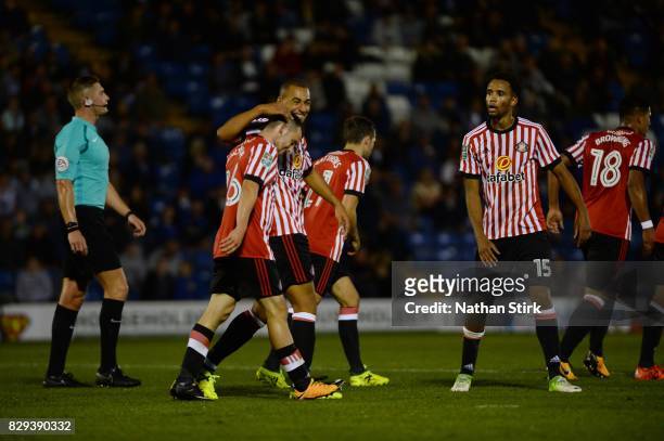George Honeyman of Sunderland celebrates after scoring the first goal during the Carabao Cup First Round match between Bury and Sunderland at Gigg...