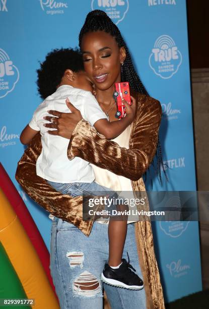 Singer Kelly Rowland and son Titan Jewell Witherspoon attend a sneak peek of Netflix's "True and the Rainbow Kingdom" at Pacific Theatres at The...