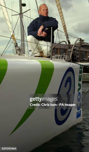 Round the world yachtsman Mike Golding aboard his boat Ecover which is in Les Sables d'Olonne, France to compete in the Vendee Globe, a single-handed...