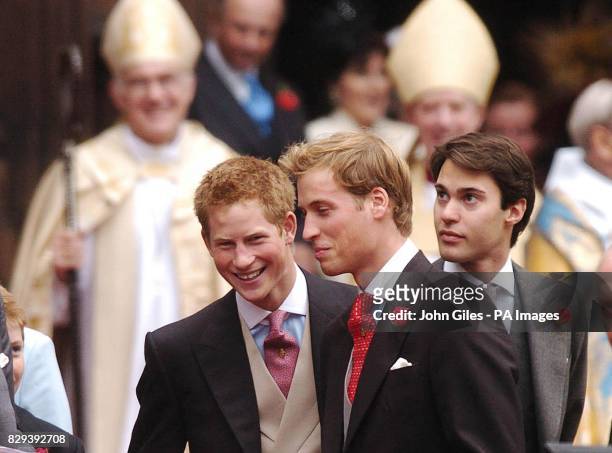 Prince William, Prince Harry and William Van Cutsem as they leave the wedding of Lady Tamara Grosvenor to Edward van Cutsem at Chester Cathedral....