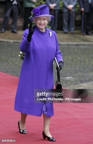 Queen Elizabeth II waves as she leaves the wedding of Lady Tamara Grosvenor to Edward van Cutsem at Chester Cathedral. Prince William acted as usher...