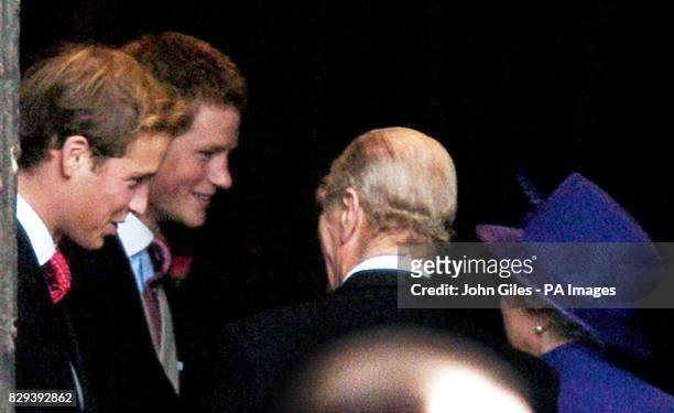 Queen Elizabeth II and the Duke of Edinburhg are met by Princes William and Harry as they arrive at the wedding of Lady Tamara Grosvenor to Edward...