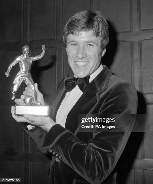 Emlyn Hughes, the Liverpool captain elected footballer of the year by the Football Writers Association, at the Cafe Royal in London, after receiving...