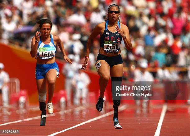 April Holmes of the United States competes in the Women's 100m T44 Athletics event at the National Stadium during day eight ot the 2008 Paratympic...