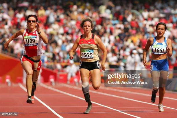 Astrid Hofte of Germany competes in the Women's 100m T44 Athletics event at the National Stadium during day eight ot the 2008 Paratympic Games on...