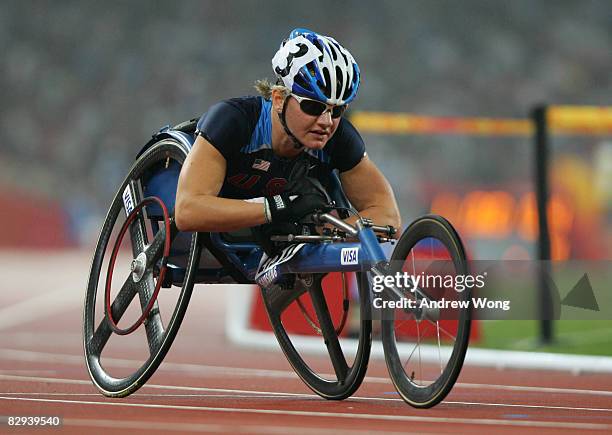 Cheri Blauwet of the United States competes in the Women's 400m T53 Athletics event at the National Stadium during day three ot the 2008 Paratympic...