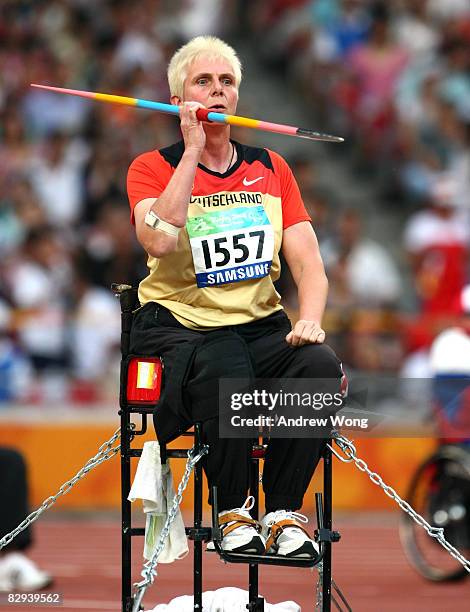 Marianne Buggenhagen of Germany competes in the Women's Javelin F46-56 Athletics event at the National Stadium during day eight of the 2008...
