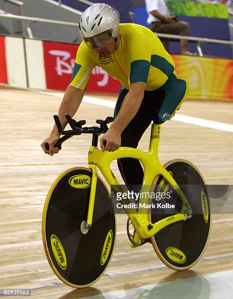 Michael Milton of Australia competes in the Men's 1km Time Trial Track Cycling event at Laoshan Velodrome during day one of the 2008 Paralympic Games...