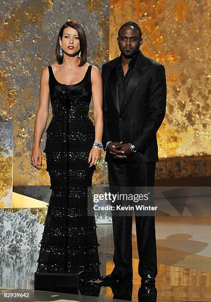 Presenters Kate Walsh and Wayne Brady speak onstage during the 60th Primetime Emmy Awards held at Nokia Theatre on September 21, 2008 in Los Angeles,...