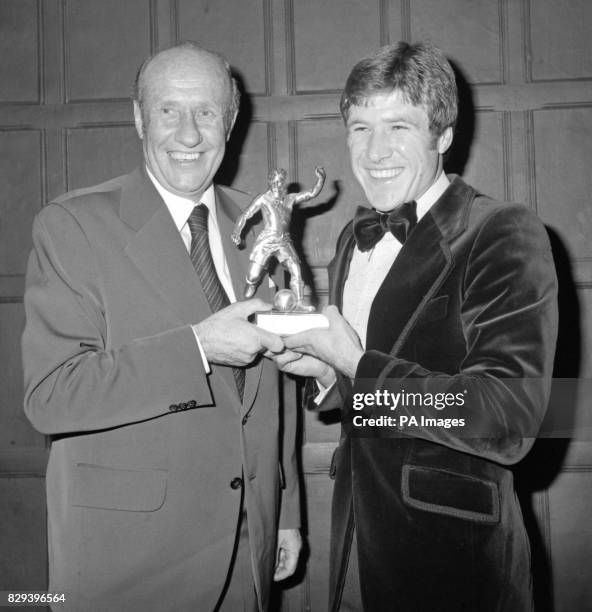 Emlyn Hughes, the Liverpool captain elected footballer of the year by the Football Writers Association, at the Cafe Royal in London, after receiving...