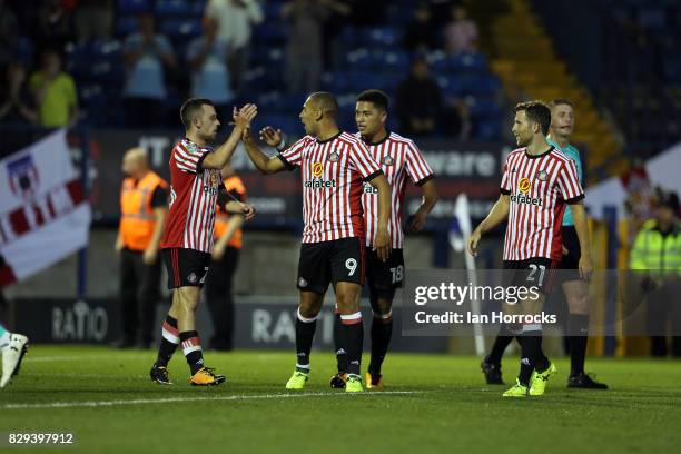 George Honeyman of Sunderland celebrates after he scores the opening goal during the Carabao Cup First Round match between Bury and Sunderland at...