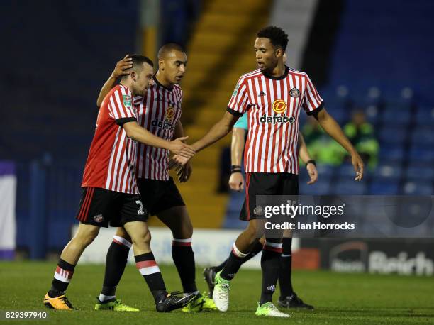 George Honeyman of Sunderland celebrates after he scores the opening goal during the Carabao Cup First Round match between Bury and Sunderland at...