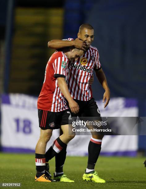 George Honeyman of Sunderland celebrates after he scores the opening goal during the Carabao Cup First Round match between Bury and Sunderland at...