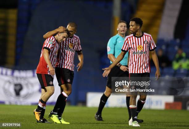 George Honeyman of Sunderland celebrates after he scores the opening goal during the Carabao Cup First Round match between Bury and Sunderland at...