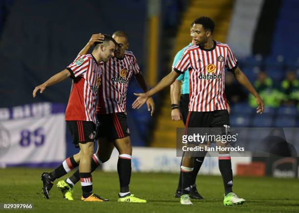 George Honeyman of Sunderland celebrates after he scores the opening goal during the Carabao Cup First Round match between Bury and Sunderland at...