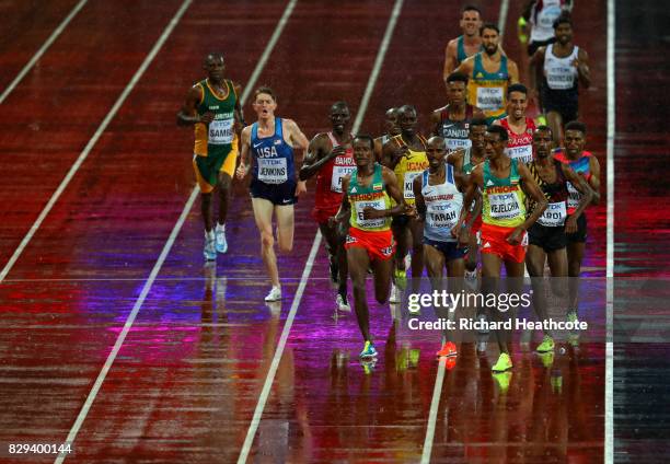 Yomif Kejelcha of Ethiopia leads heat one of the Men's 5000 Metres heats ahead of Mohamed Farah of Great Britain and Muktar Edris during day six of...