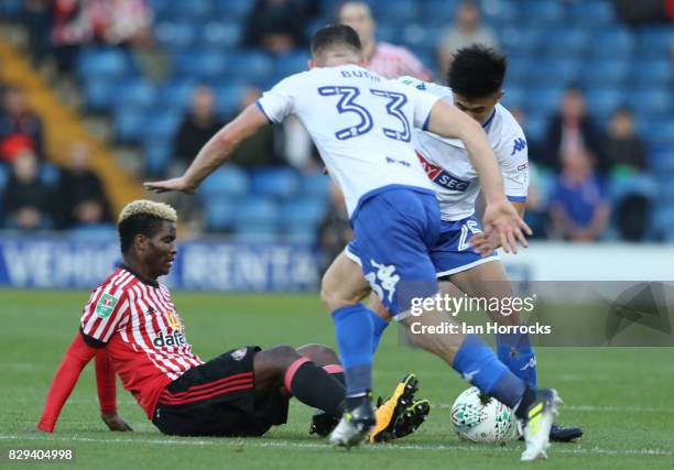 Didier N'Dong of Sunderland slides into a challenge during the Carabao Cup First Round match between Bury and Sunderland at Gigg Lane on August 10,...