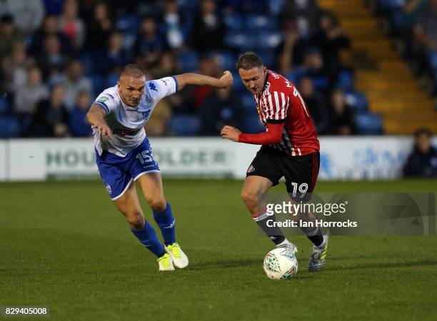 Aiden McGeady of Sunderland lines up a shot during the Carabao Cup First Round match between Bury and Sunderland at Gigg Lane on August 10, 2017 in...