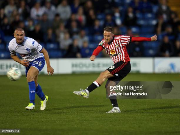 Aiden McGeady of Sunderland lines up a shot during the Carabao Cup First Round match between Bury and Sunderland at Gigg Lane on August 10, 2017 in...