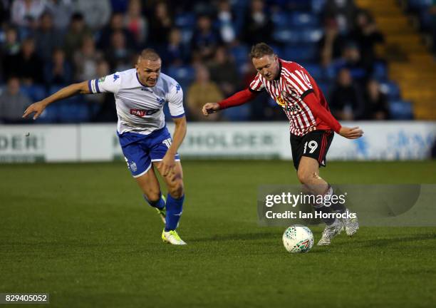 Aiden McGeady of Sunderland lines up a shot during the Carabao Cup First Round match between Bury and Sunderland at Gigg Lane on August 10, 2017 in...