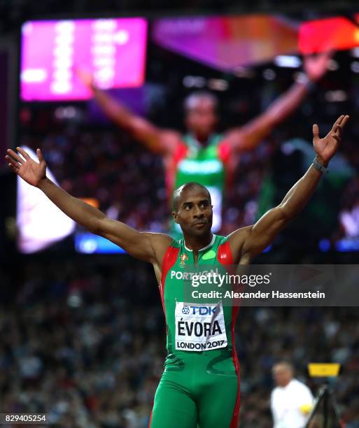 Nelson Evora of Portugal reacts after his final jump of the mens triple jump final during day seven of the 16th IAAF World Athletics Championships...