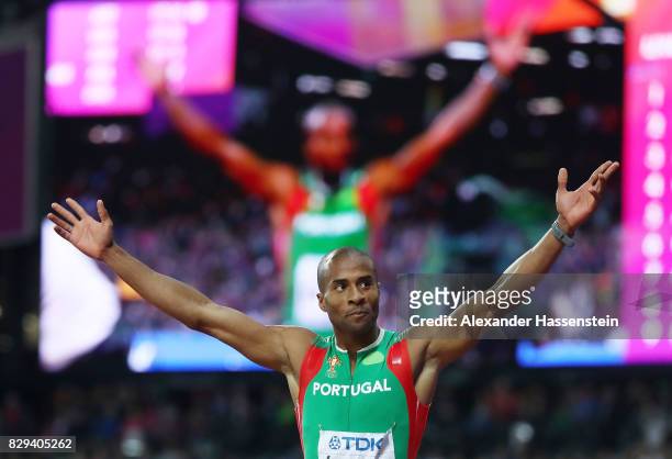 Nelson Evora of Portugal reacts after his final jump of the mens triple jump final during day seven of the 16th IAAF World Athletics Championships...