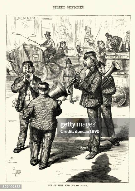 victorian london street musicians about to be arrested for busking - street musician stock illustrations