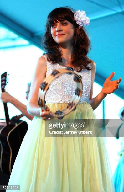 Singer/Actress Zooey Deschanel performs as part of She & Him during the 2008 Newport Folk Festival at Fort Adams State Park on August 2, 2008 in...