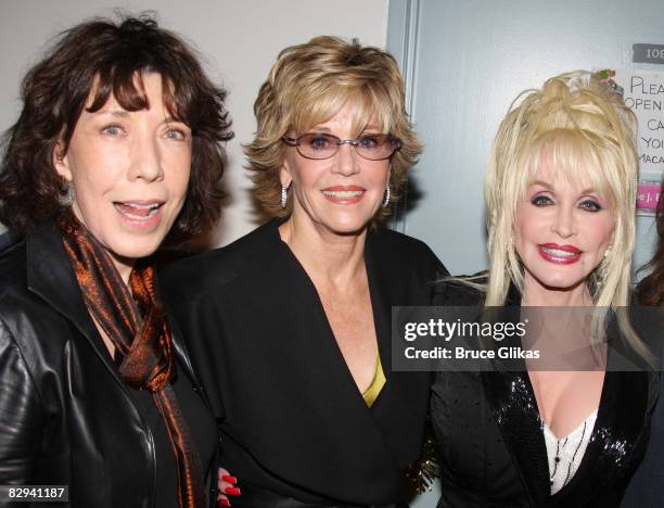 Lily Tomlin, Jane Fonda and Dolly Parton pose backstage at The Opening Night of Dolly Parton's "9 to 5" at The Ahmanson Theater on September 20, 2008...