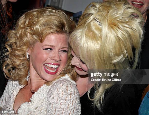 Megan Hilty and Dolly Parton pose backstage at The Opening Night of Dolly Parton's "9 to 5" at The Ahmanson Theater on September 20, 2008 in Los...