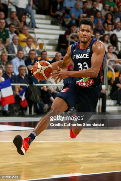 Axel Toupane of France is driving to the basket during the international friendly game between France v Lithuania at Palais des Sports on August 10,...