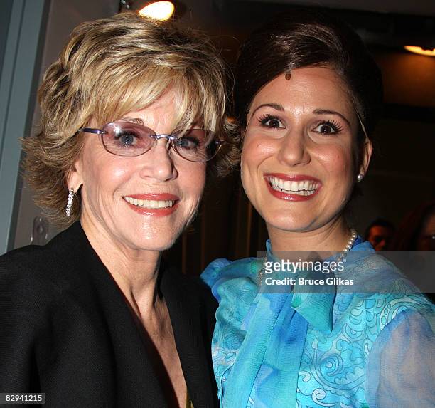 Jane Fonda and Stephanie J. Block pose backstage at The Opening Night of Dolly Parton's "9 to 5" at The Ahmanson Theater on September 20, 2008 in Los...