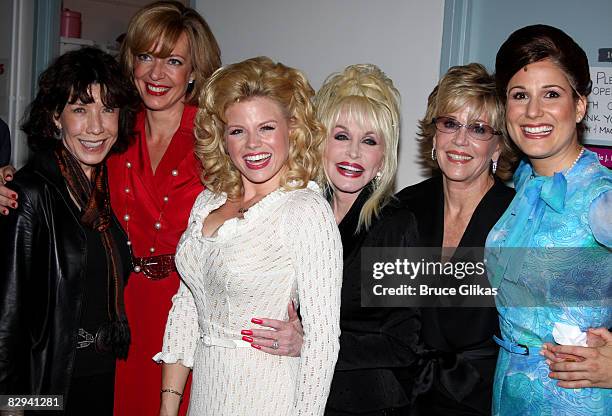 Lily Tomlin, Allison Janney , Megan Hilty , Dolly Parton, Jane Fonda and Stephanie J. Block pose backstage at The Opening Night of Dolly Parton's "9...