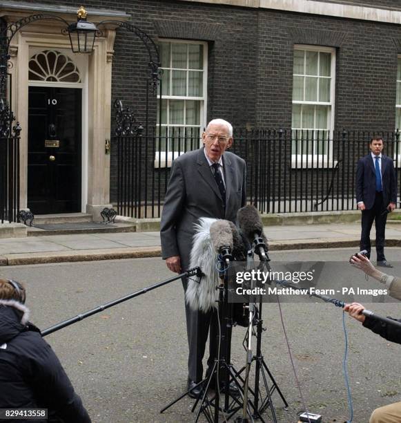 Democratic Unionist Party leader Dr Ian Paisley speaks to journalists following a meeting with British Prime Minister Tony Blair at 10 Downing...