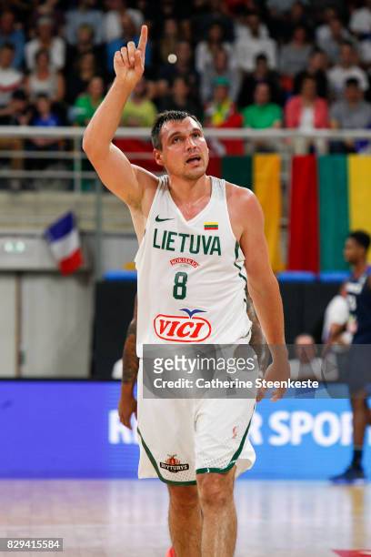 Jonas Maciulis of Lithuania is reacting to a play during the international friendly game between France v Lithuania at Palais des Sports on August...
