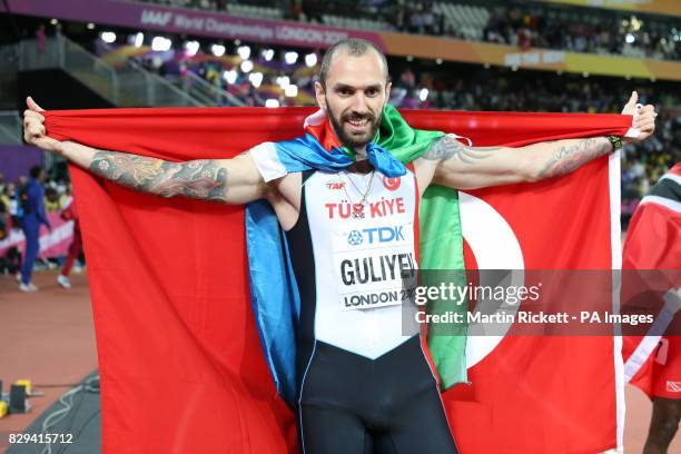 Turkey's Ramil Guliyev celebrates wiining the men's 200m final during day seven of the 2017 IAAF World Championships at the London Stadium.