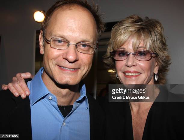 David Hyde Pierce and Jane Fonda pose at The Opening Night Party for The World Premiere of Dolly Parton's "9 to 5" at The Plaza of Our Lady of the...
