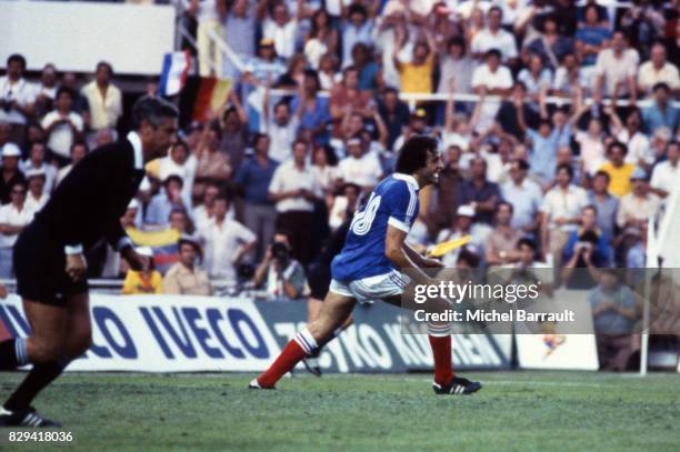 Michel Platini of France celebrate his goal during Semi Final World Cup match between West Germany and France 8th July 1982 in Ramon Sanchez Pizjuan...