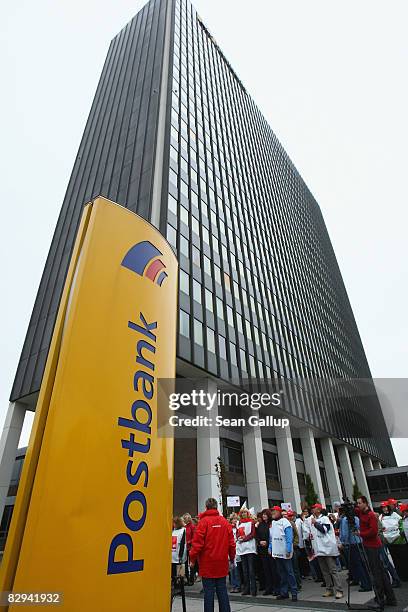 Striking employees of German bank Postbank gather to demonstrate in front of Postbank's Berlin headquarters on September 22, 2008 in Berlin, Germany....