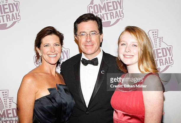 Talk show host Stephen Colbert , his wife Evie Colbert and daughter Madeleine Colbert arrive at Comedy Central's Emmy Awards party at the STK...