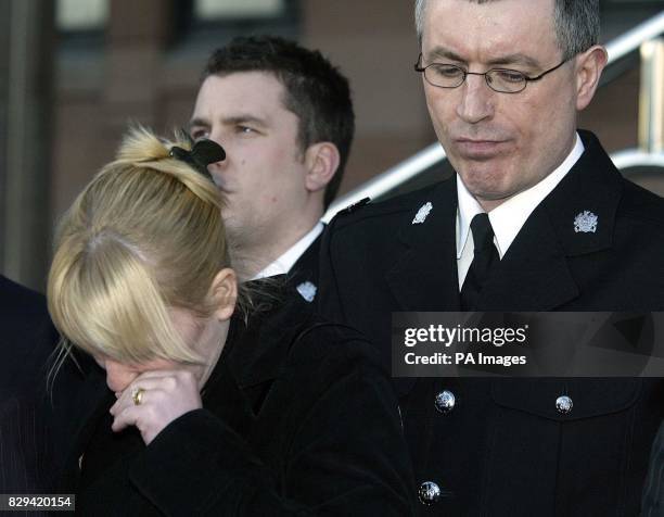 Wife of PC Ian Broadhurst, Eilisa outside Newcastle Crown Court, with PC Neil Roper and James Banks following the guilty of murder verdict on former...