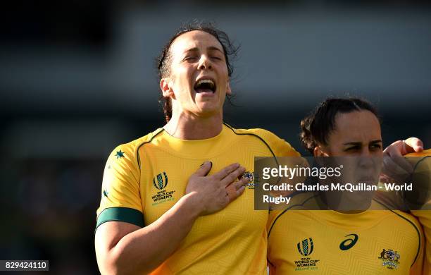 Rebecca Clough of Australia sings the national anthem during the Womens Rugby World Cup 2017 Pool C game between Ireland and Austrailia at UCD Bowl...