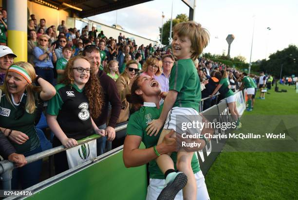 Larissa Muldoon of Ireland celebrates with a family member after the Womens Rugby World Cup 2017 Pool C game between Ireland and Austrailia at UCD...